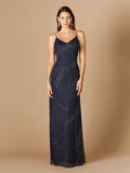 Beaded Spaghetti Strap Navy Full-Length Gown