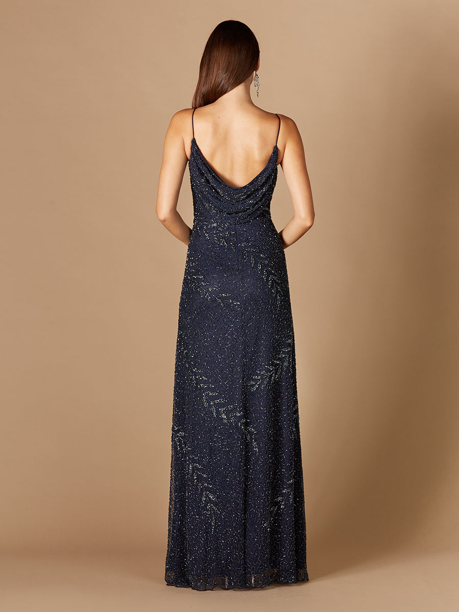 Beaded Spaghetti Strap Navy Full-Length Gown