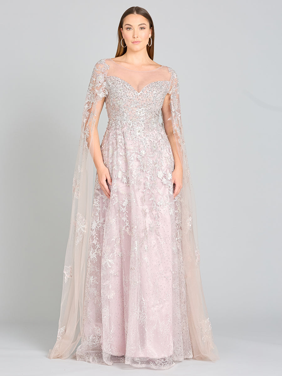 Lace Gown with Cape Sleeves, Sweetheart Neckline