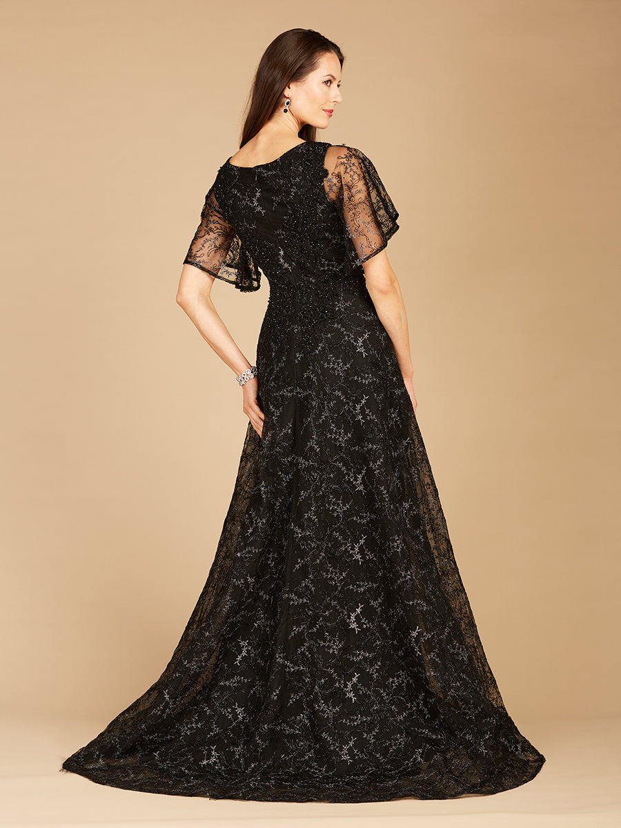 Cape Sleeve Beaded Gown in Black  - OUTLET