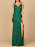 Beaded V Neck Dress with Slit
