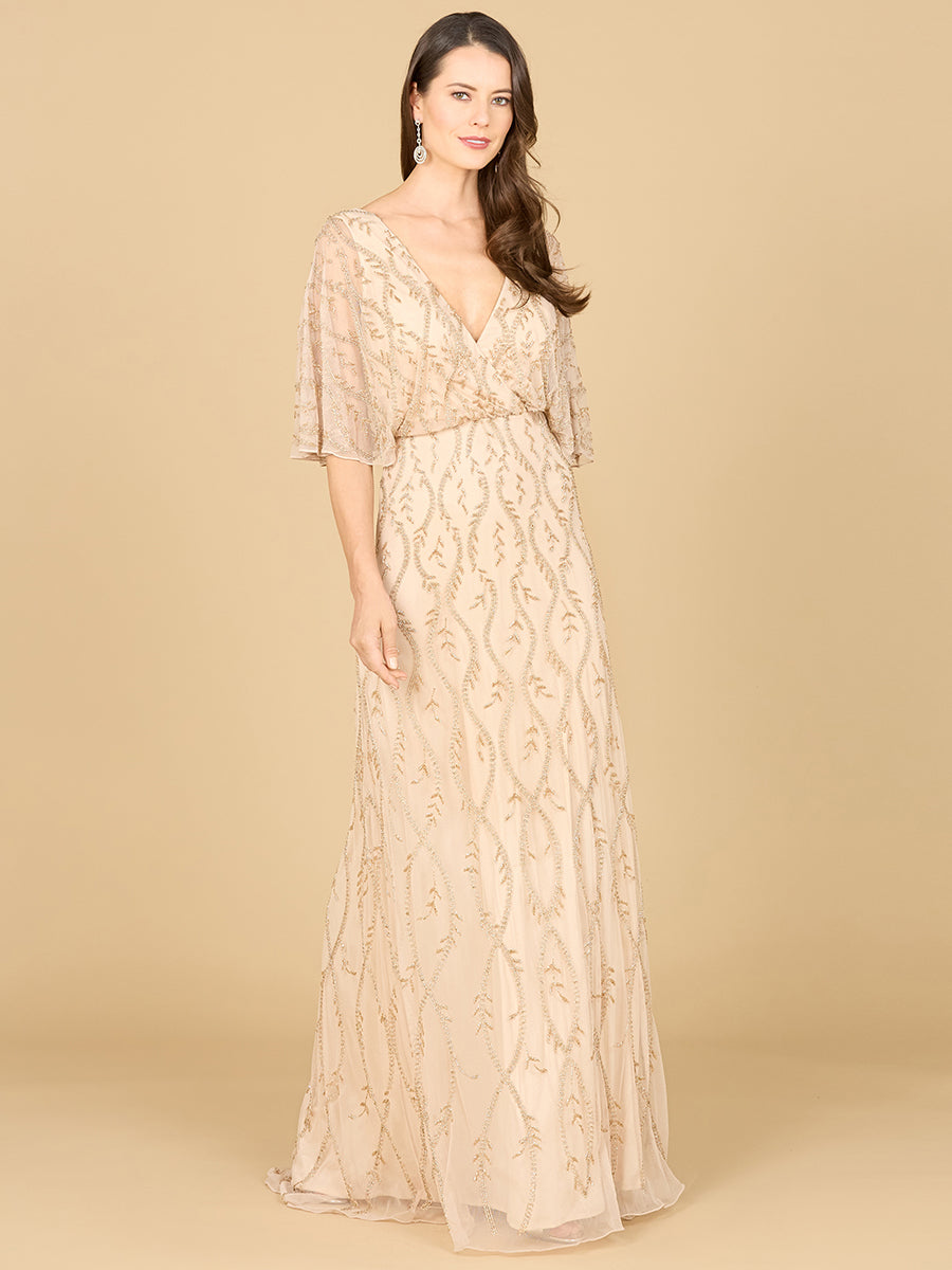 Illusion Cape Sleeve Beaded Gown