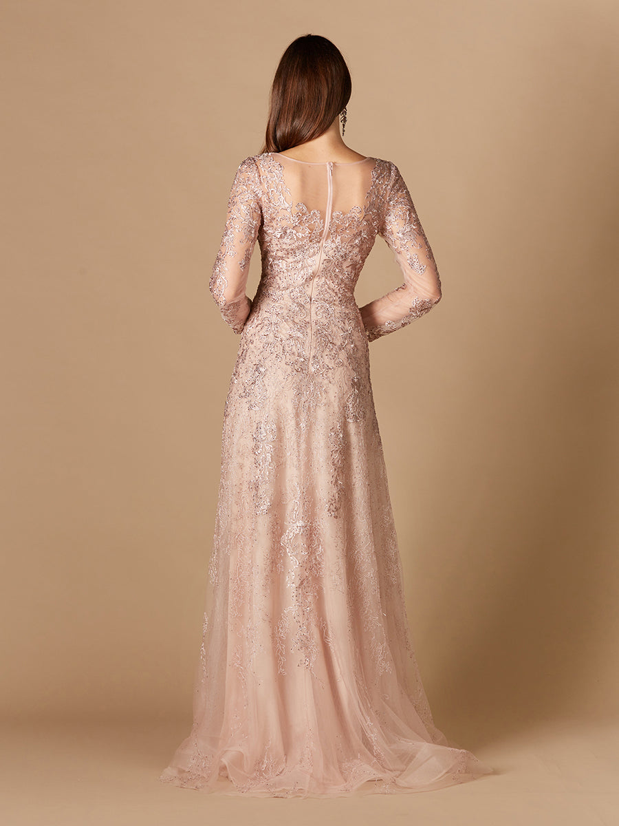 Long Sleeve V-Neck Lace Gown