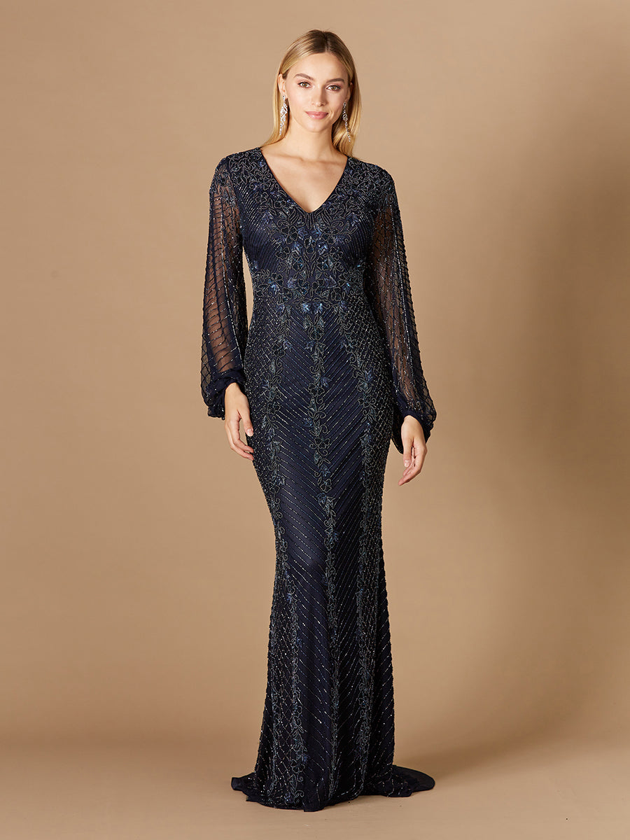 Long Sleeve Beaded Gown with Balloon Sleeves