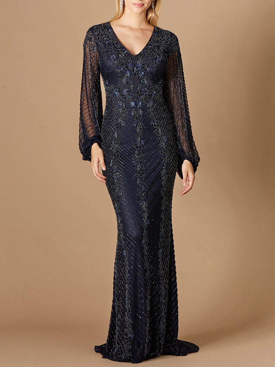 Long Sleeve Beaded Gown with Balloon Sleeves