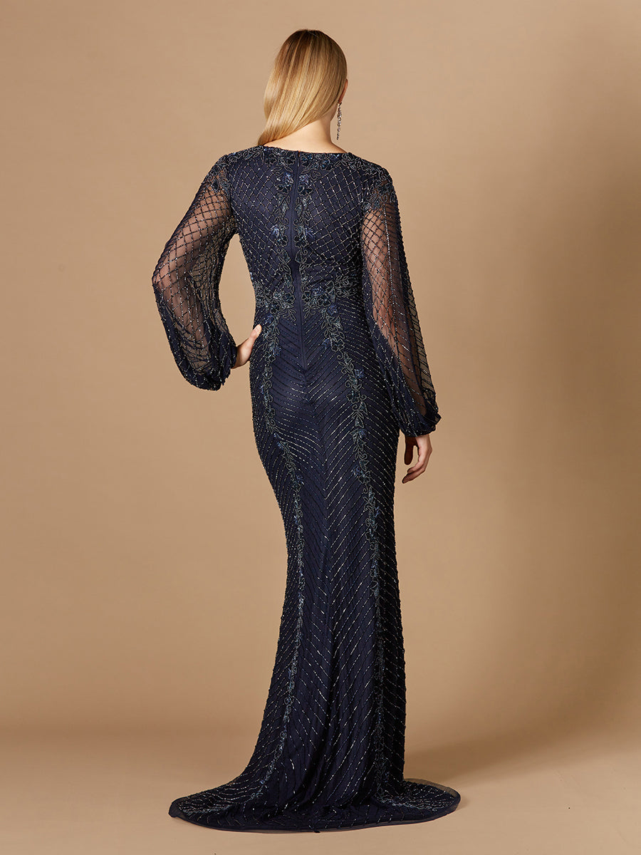 Long Sleeve Beaded Gown with Balloon Sleeves
