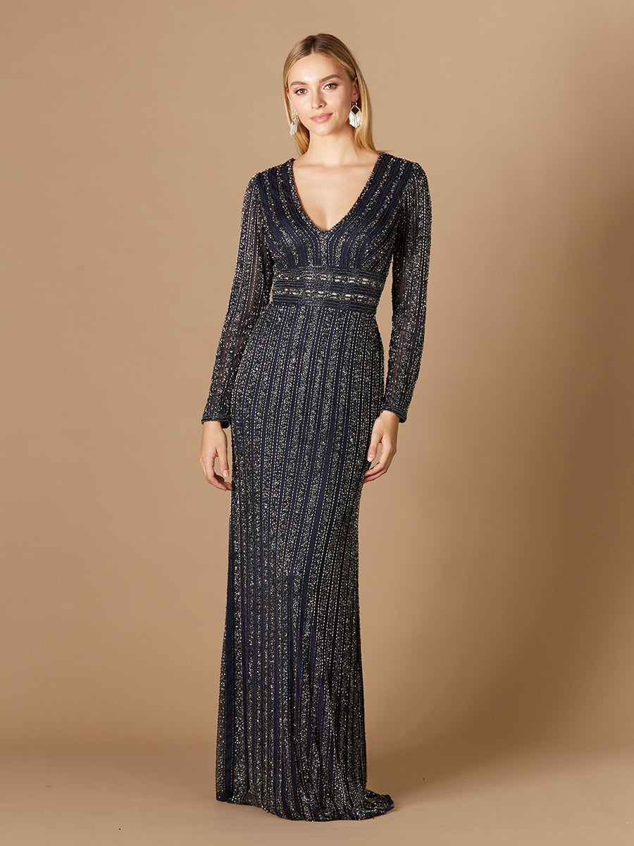 Long Sleeve Belted Beaded Gown