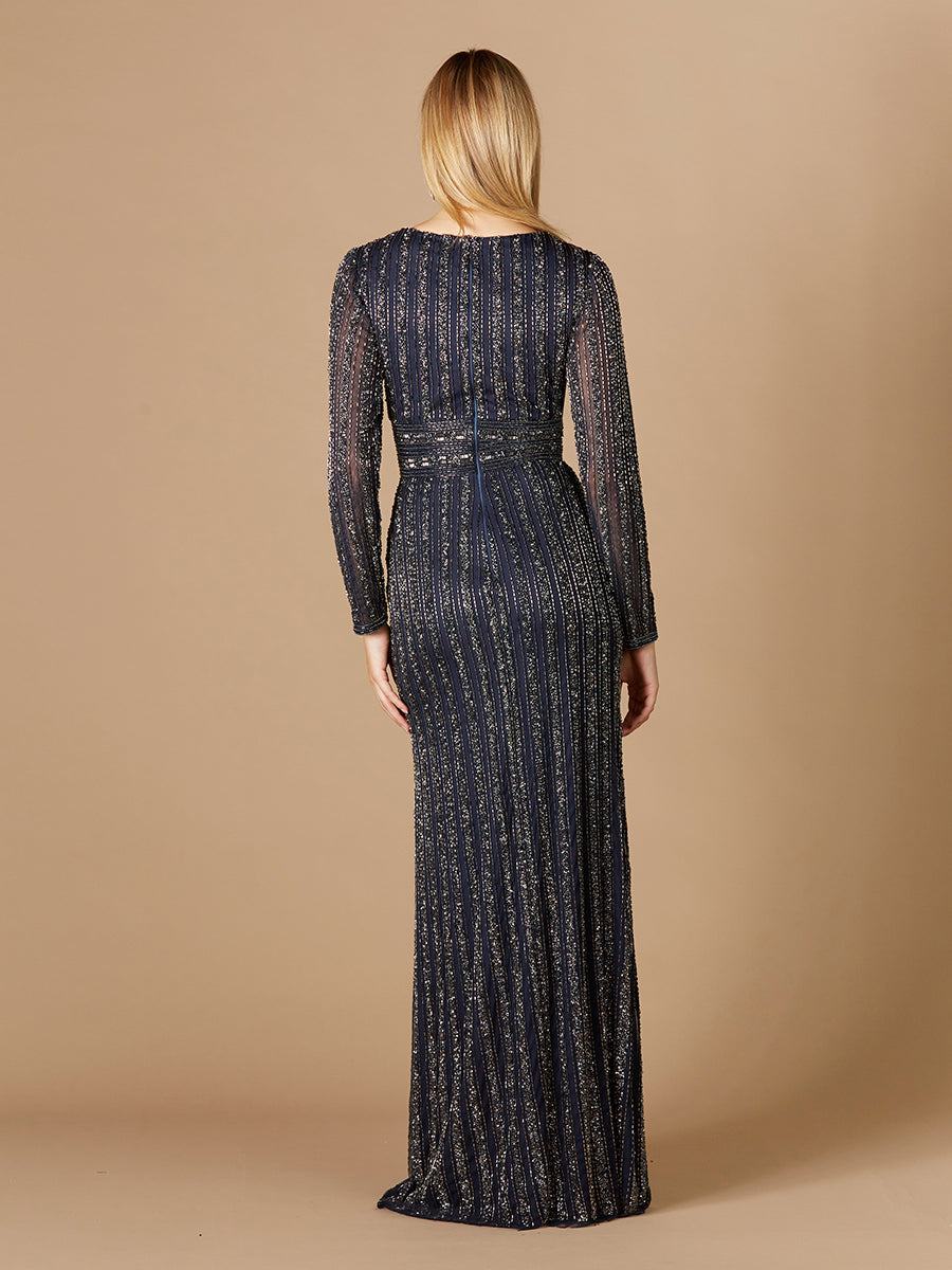 Long Sleeve Belted Beaded Gown