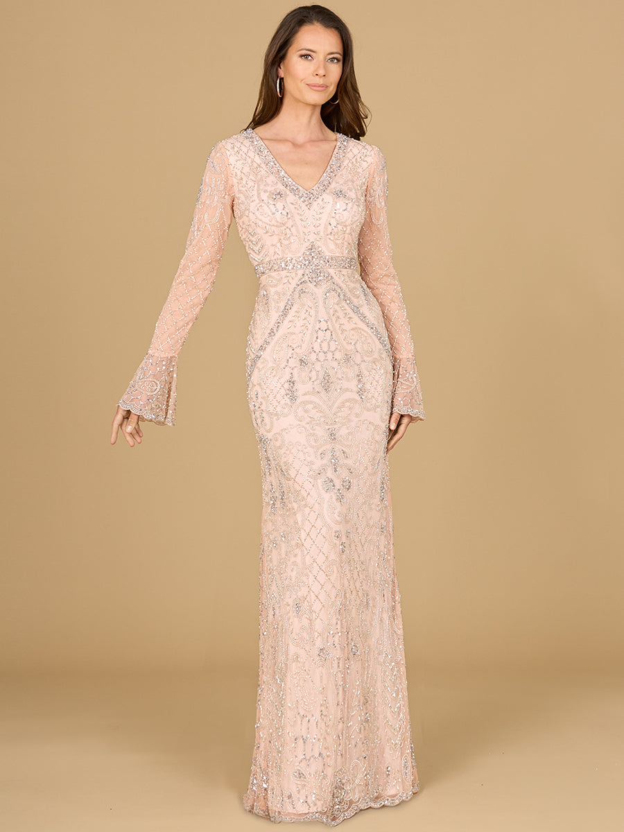 Long Bell Sleeve V-Neck Beaded Gown