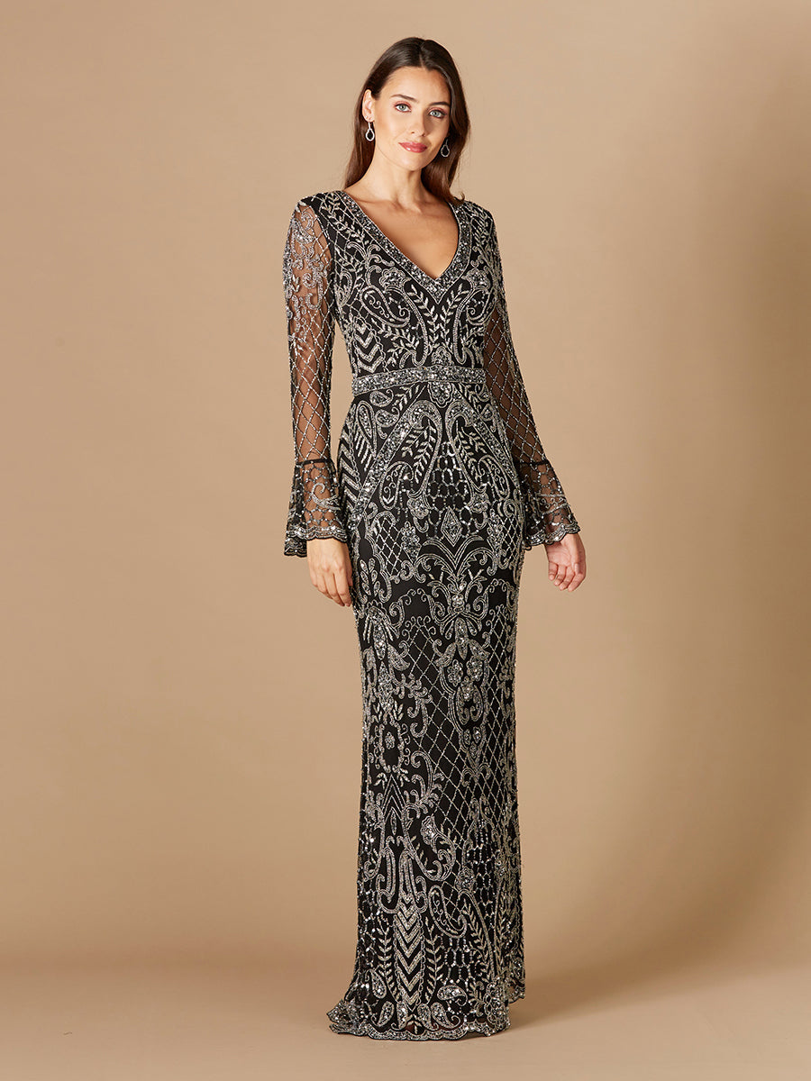 Long Bell Sleeve V-Neck Beaded Gown