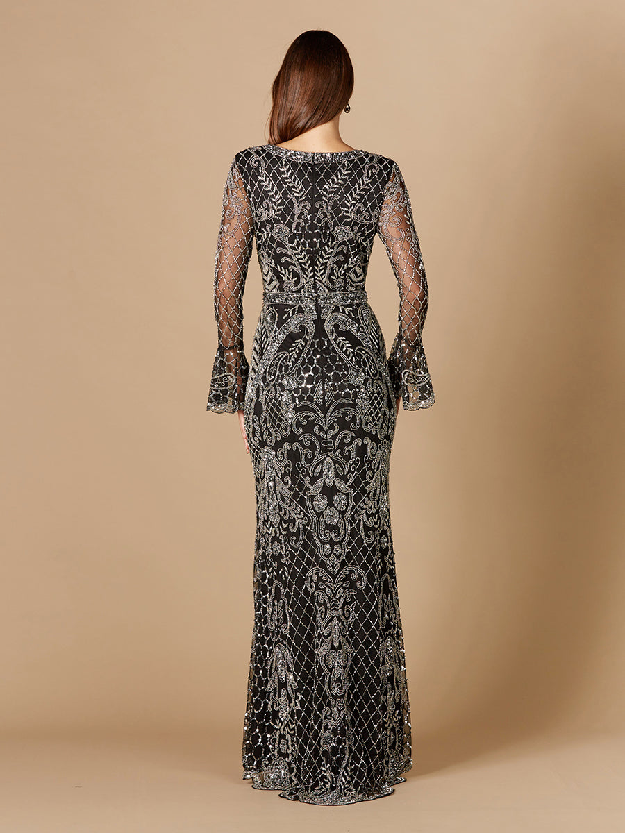 Long Bell Sleeve V-Neck Beaded Gown