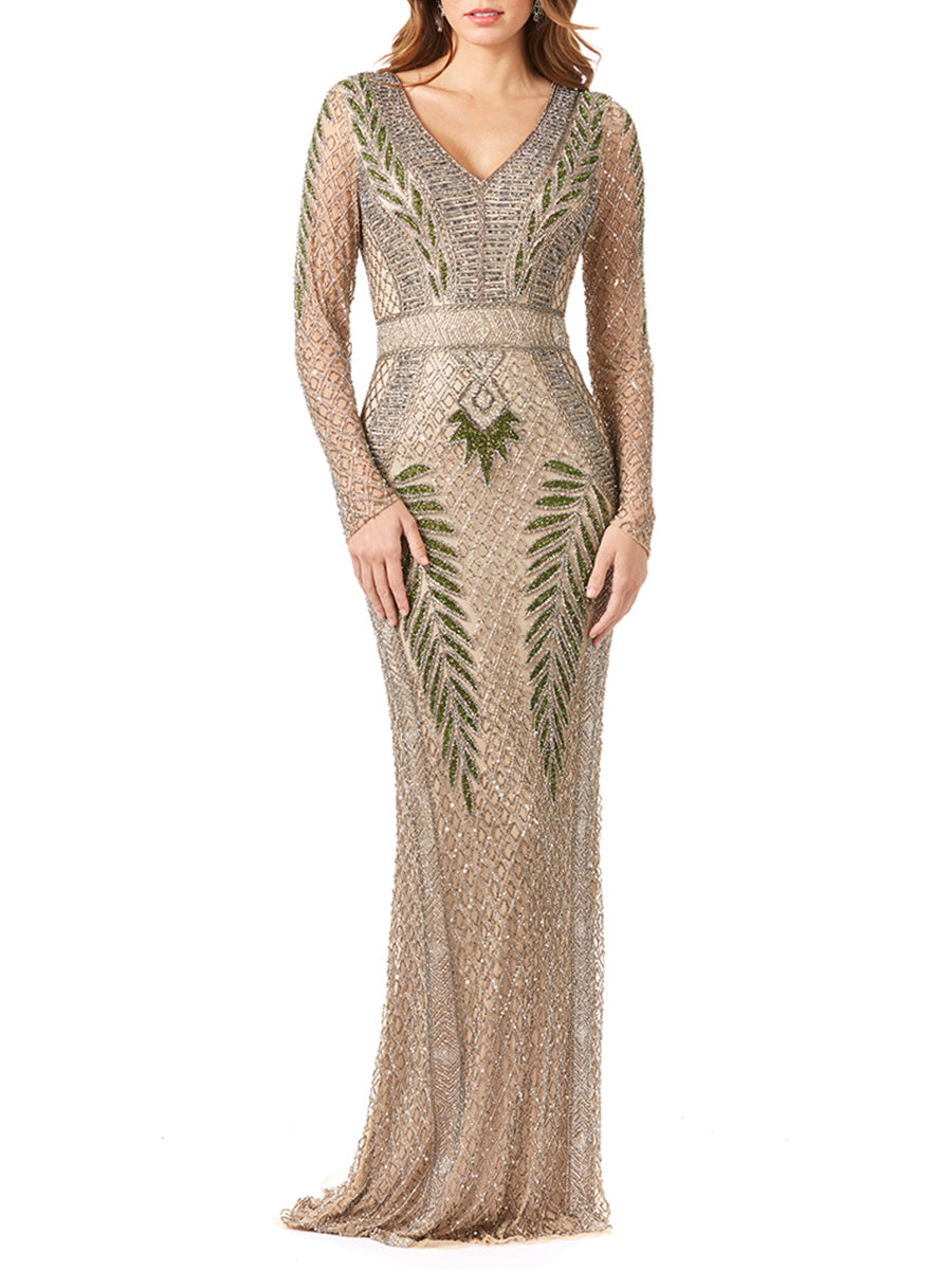 Long Sleeve Contrast Beaded Gown