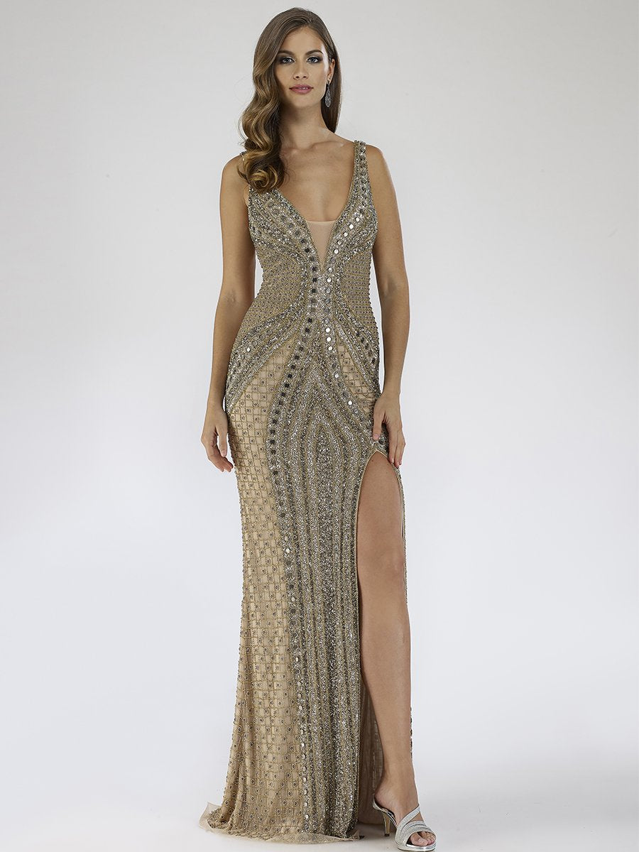 Lara 29499 - Embellished Long Dress with Thigh High Slit