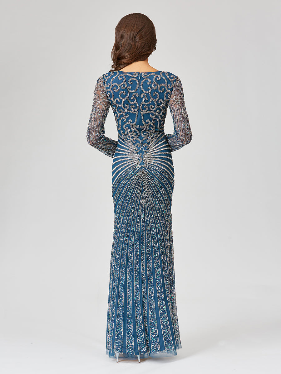 Lara 29602 - V Neck Beaded Long Sleeve Dress