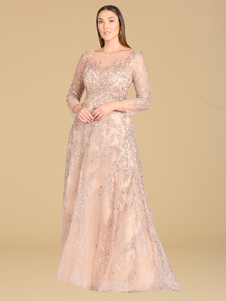 Lara 29677 - Illusion Neckline A-line Long Sleeves Gown