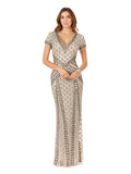 Lara 29746 - Beaded V-Neckline Dress with Cap Sleeves