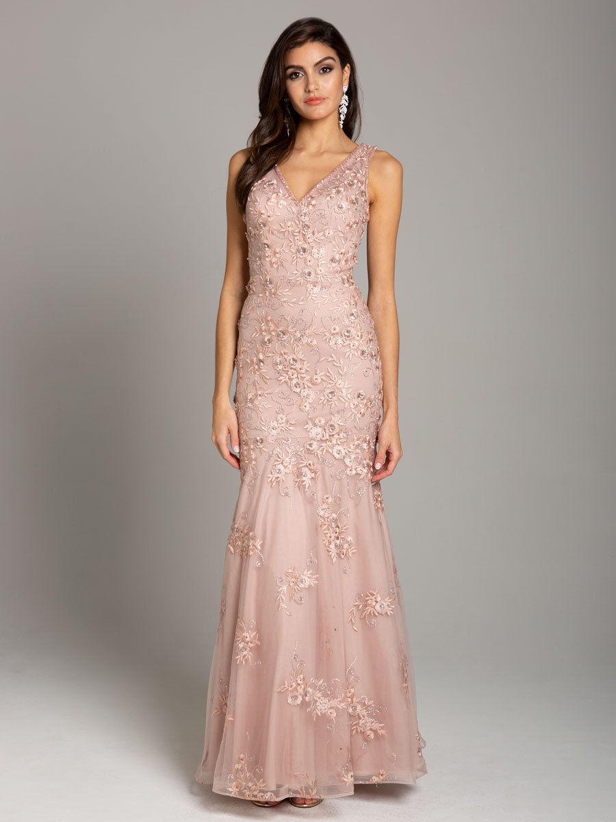 Lara 29869 - Mermaid Dress with Floral Lace Appliques