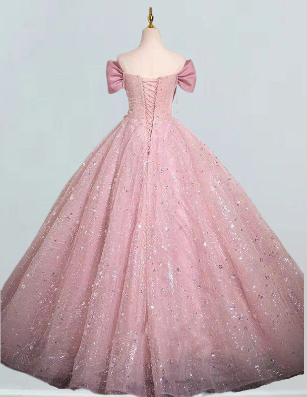 Pink Lace Off-Shoulder Quinceanera Ball Gown | Girls' Prom Evening Dress