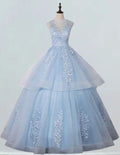 Blue high collar lace applique long ball gown formal dress