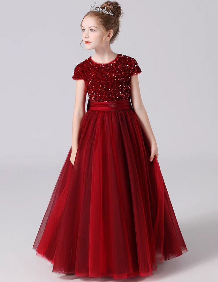 Burgundy short sleeve velvet long tulle flower girl dress