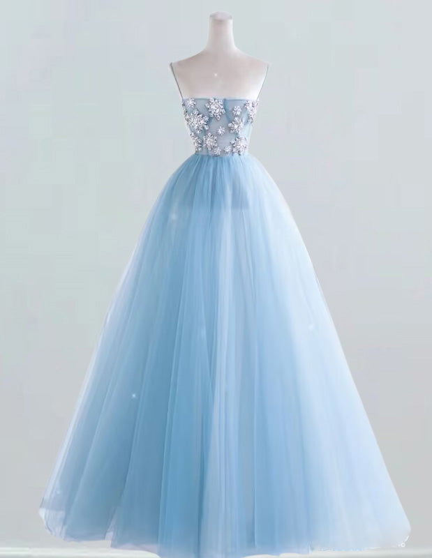 Women's Elegant Blue Strapless Beaded Evening Prom Gown | Formal Ball Dress