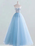 Women's Elegant Blue Strapless Beaded Evening Prom Gown | Formal Ball Dress