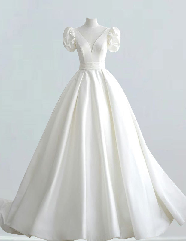 Ivory Satin V-Neck Evening Gown | Women's Prom & Bridesmaid Dress