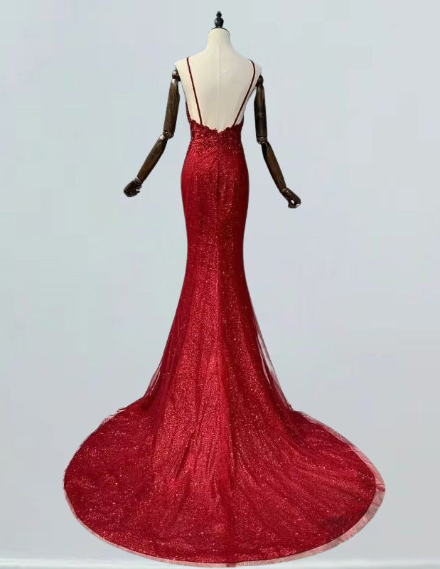 Spaghetti strap v neck lace applique mermaid sequin prom dress