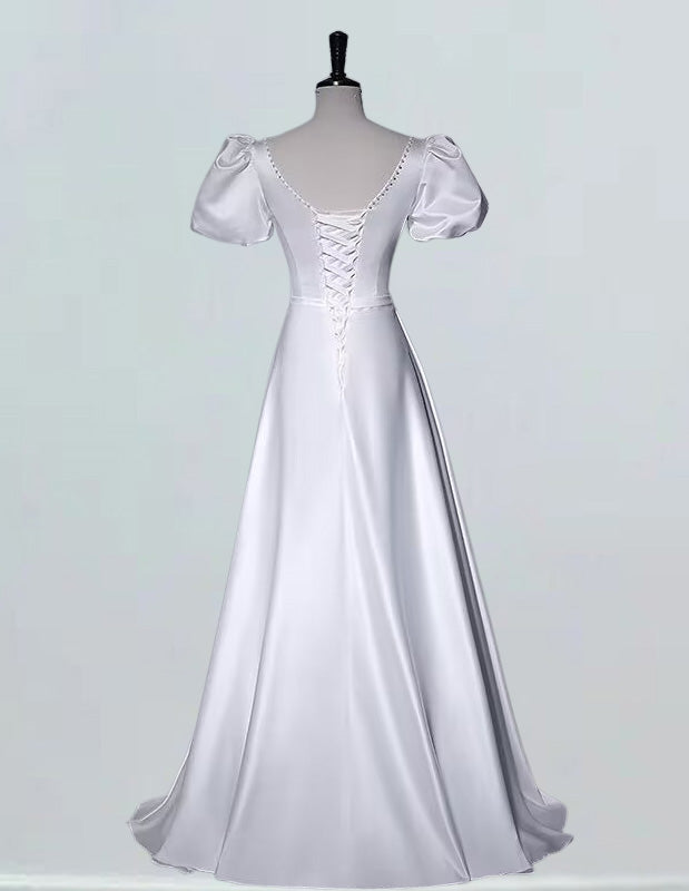 White cap sleeve pleated long bridal dress prom gown
