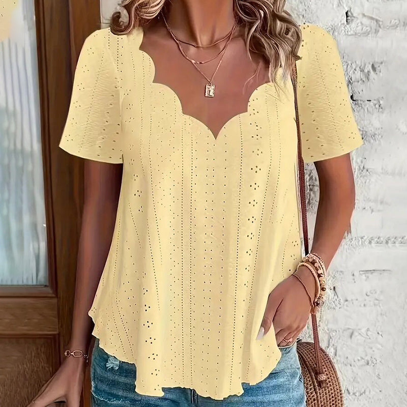Womens Summer Scallop Trim V Neck Eyelet T-Shirt Short Sleeve Top Dressy Casual Tunic Blouses