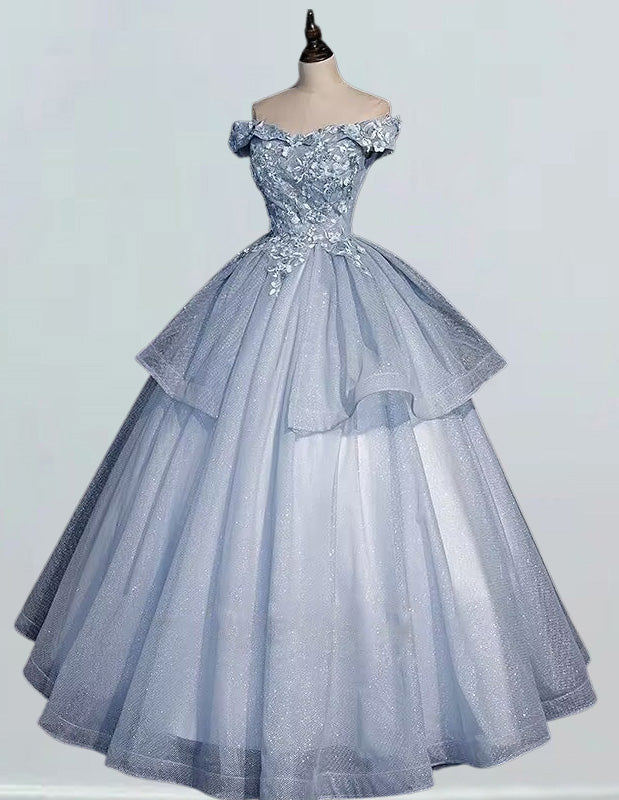 Blue Off-Shoulder Lace Applique Ball Gown | Girls' Elegant Prom & Quinceanera Dress