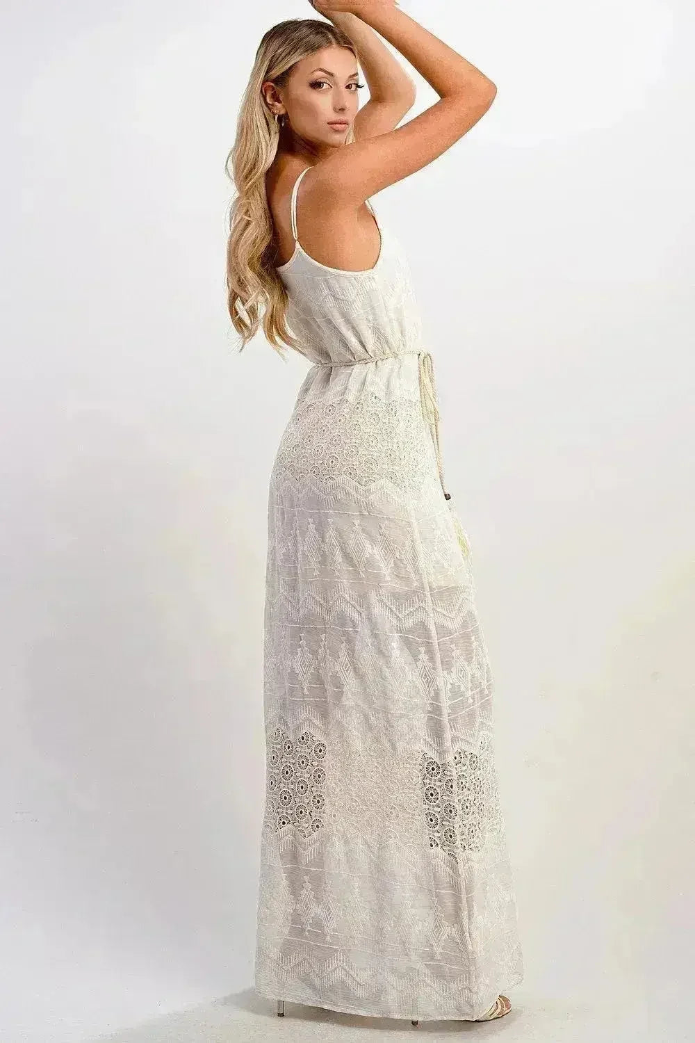 Boho Aztec Embroidered Maxi Dress Adjustable Straps - Femstylo