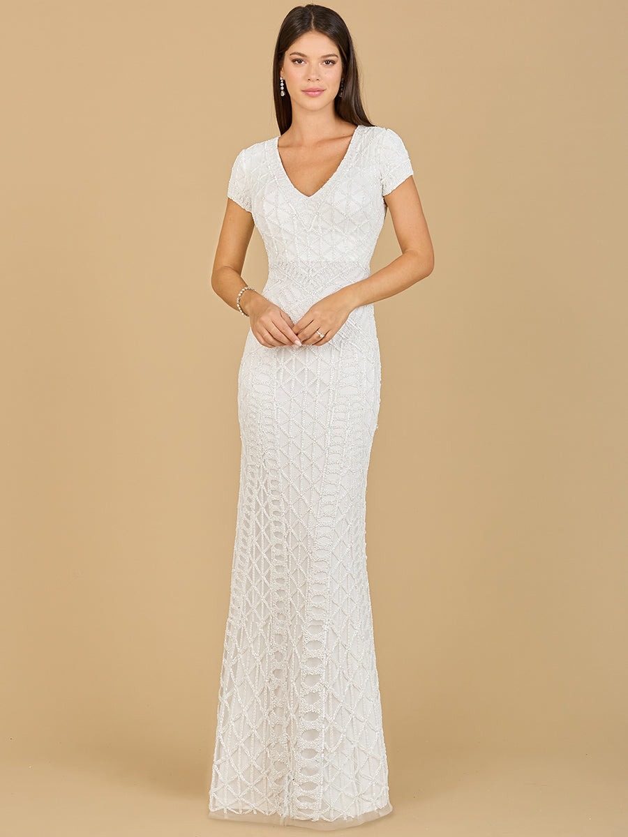 Beaded V-Neckline Dress with Cap Sleeves
