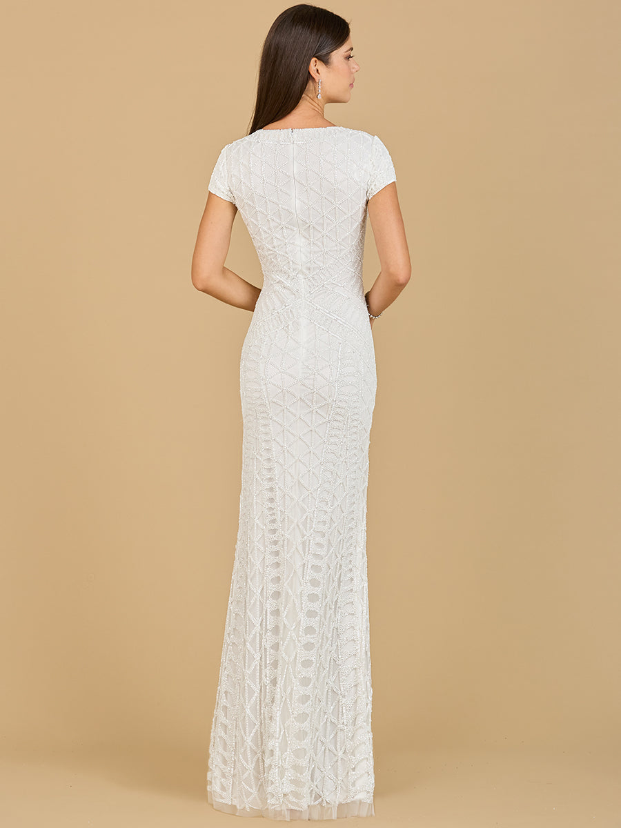Beaded V-Neckline Dress with Cap Sleeves