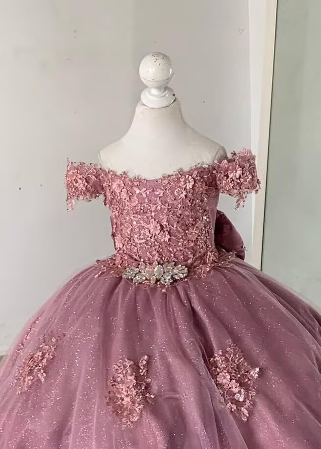 Girls Pageant Dress - Lace Crystal Off Shoulder Ball Gown | AURORE LUXURE