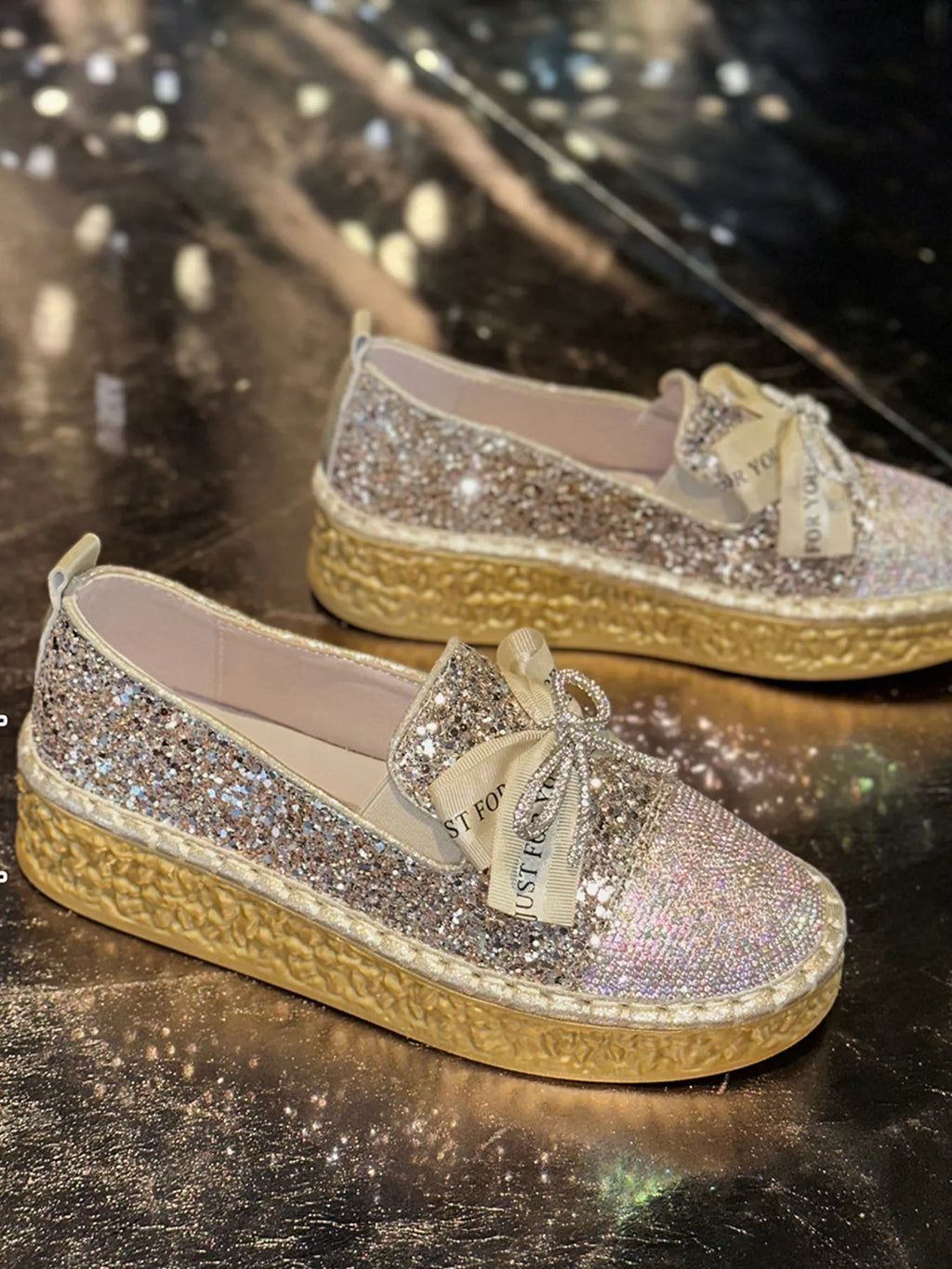 Rhinestone Bow Round Toe Slip-Ons
