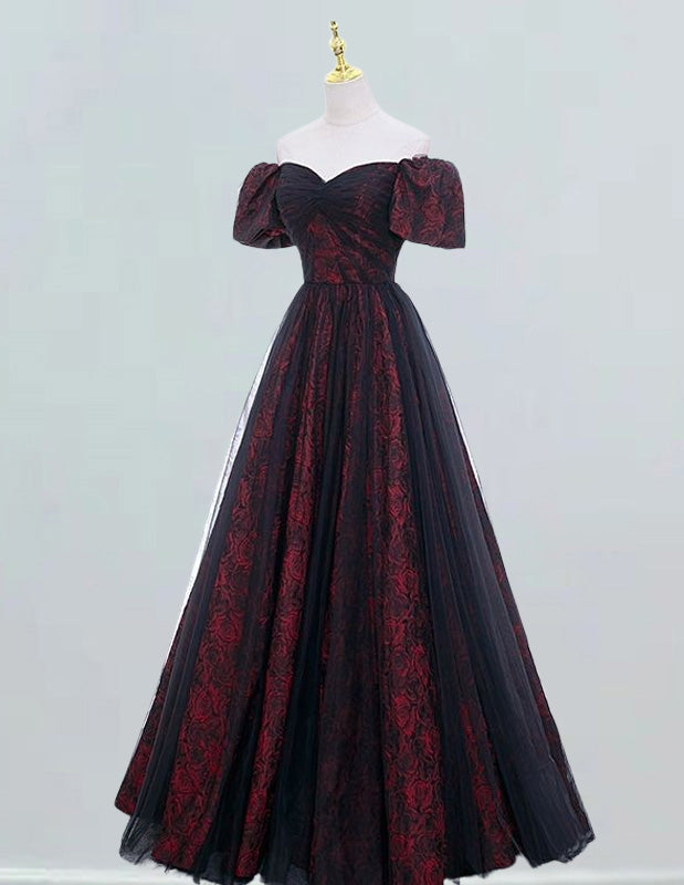 Burgundy off the shoulder pleated black tulle ball gown prom dress