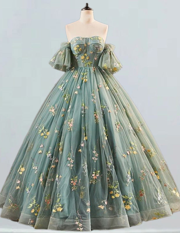 Floral Lace Ball Gown with Detachable Sleeves, Strapless Prom & Party Evening Dress