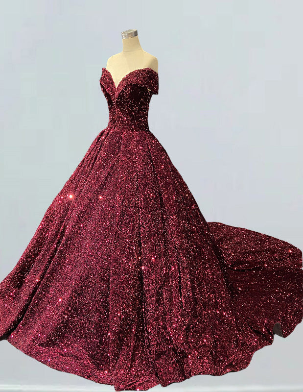 Burgundy Velvet Off-Shoulder Sequined Prom Dress with Long Train