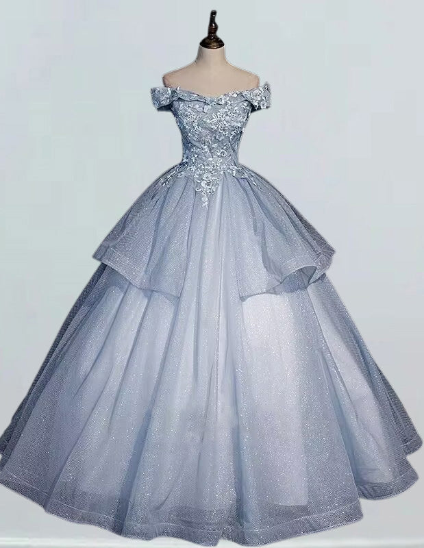 Blue Off-Shoulder Lace Applique Ball Gown | Girls' Elegant Prom & Quinceanera Dress
