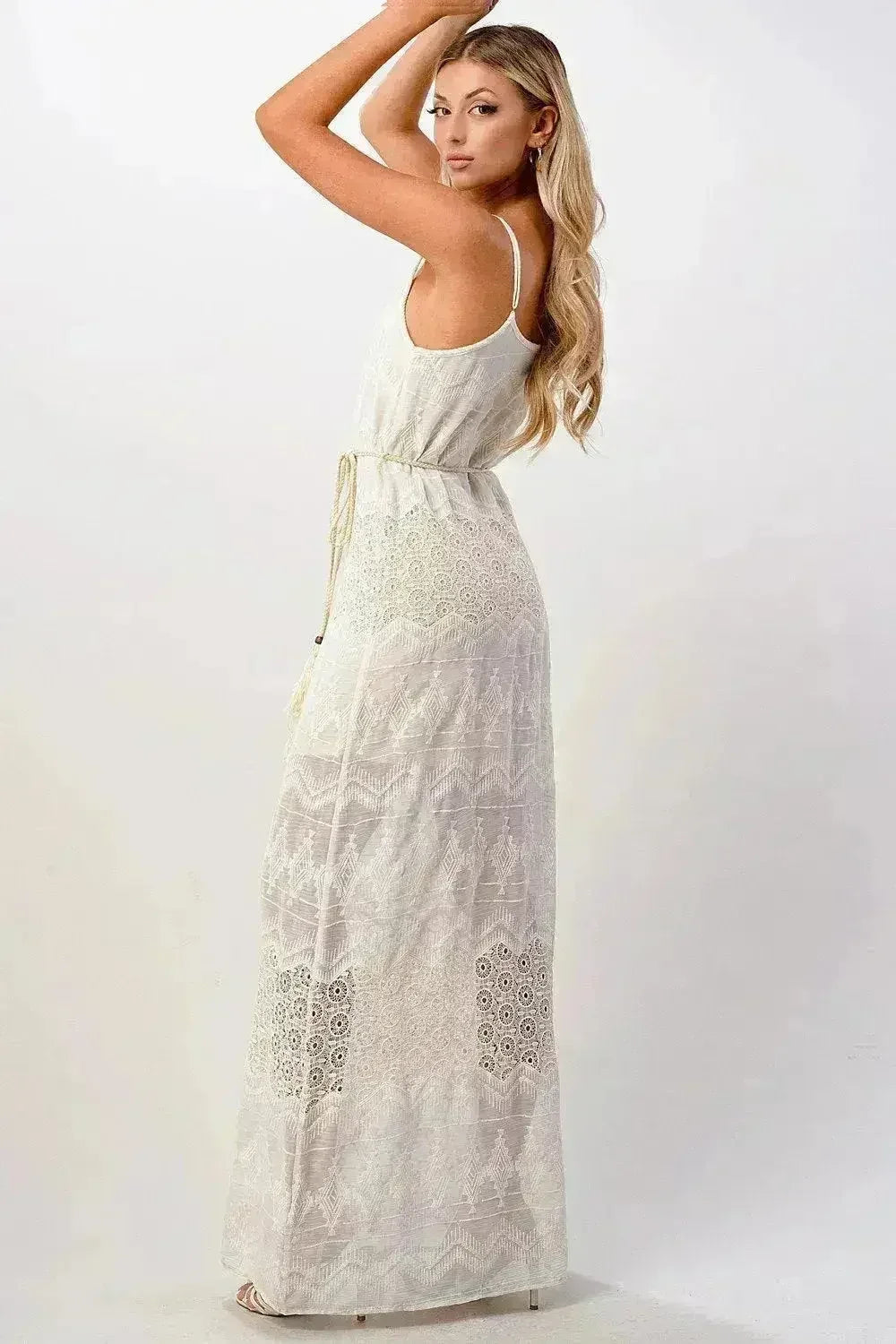 Boho Aztec Embroidered Maxi Dress Adjustable Straps - Femstylo