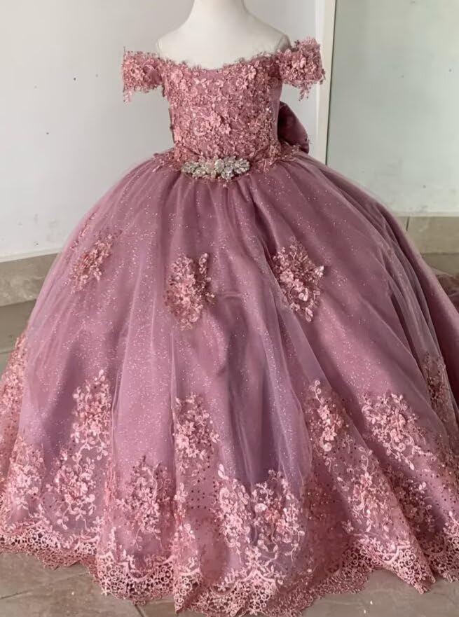 Girls Pageant Dress - Lace Crystal Off Shoulder Ball Gown | AURORE LUXURE