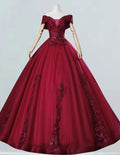 Burgundy Off-Shoulder Lace Applique Ball Gown | Elegant Evening & Prom Dress