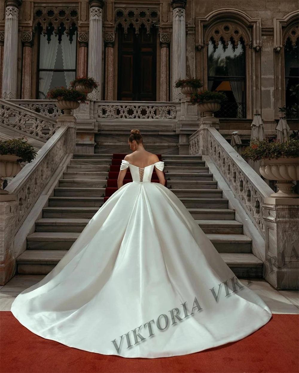 Off-Shoulder Satin Ball Gown Wedding Dress - Princess Style