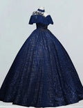 Dark Navy Collar Lace Applique Ball Gown Short sleeve Bridal Gown Princess A line Prom Dress Full Length Long Evening Dress