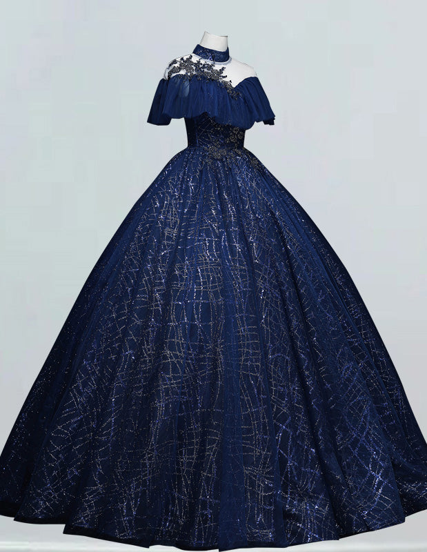 Dark Navy Collar Lace Applique Ball Gown Short sleeve Bridal Gown Princess A line Prom Dress Full Length Long Evening Dress