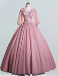 Women's Pink Lace V-Neck Evening Gown | Prom & Formal Dresses