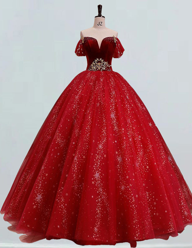 Burgundy strapless velvet beading long tulle ball gown bridal party dress princess wedding gown
