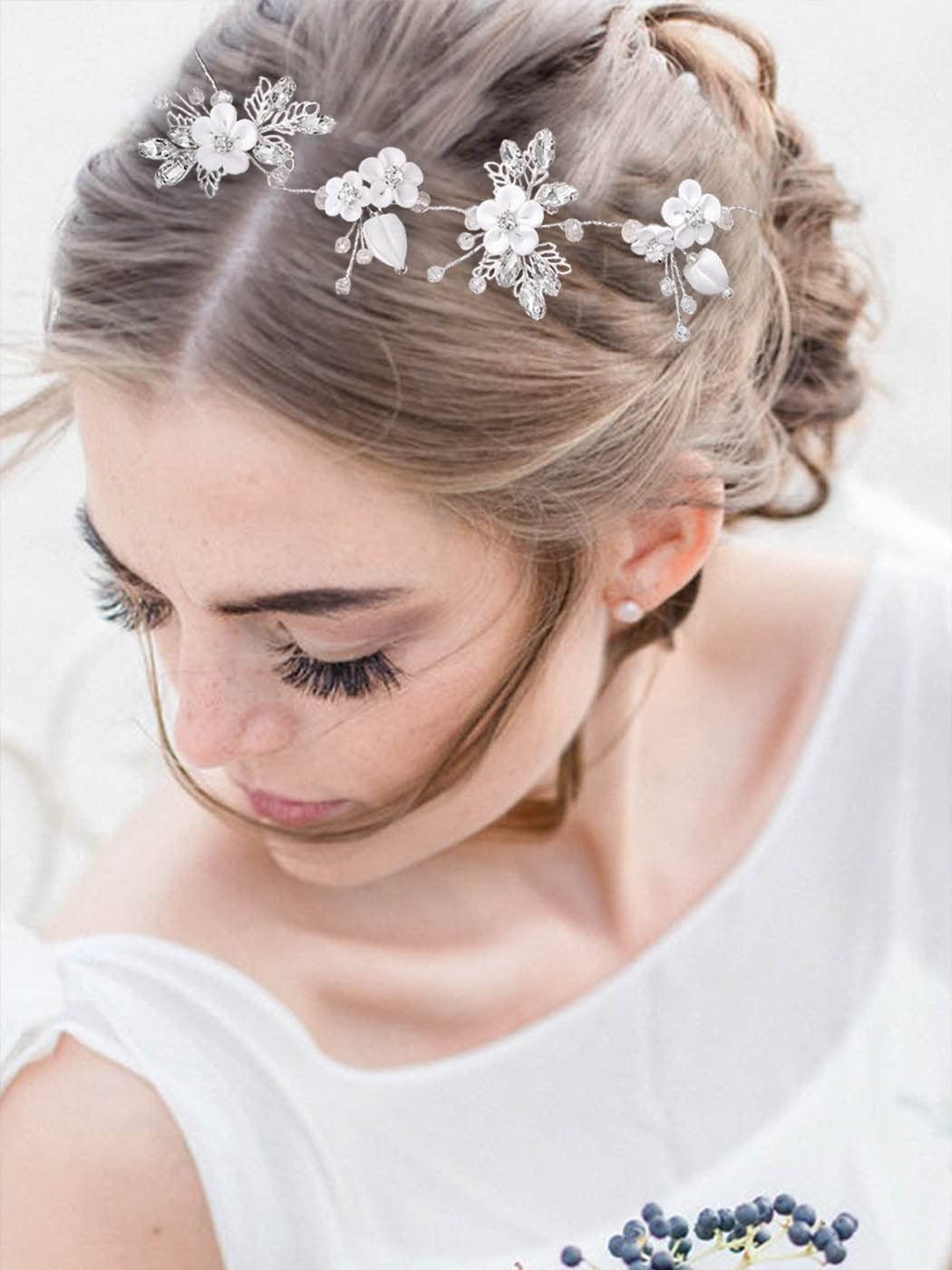Bride Silver Wedding Hair Vine Flower Bridal Hair Piece Leaf Party Hair Accessories Crystal Hair Jewelry Rhinestone Headpieces for Women and Girls