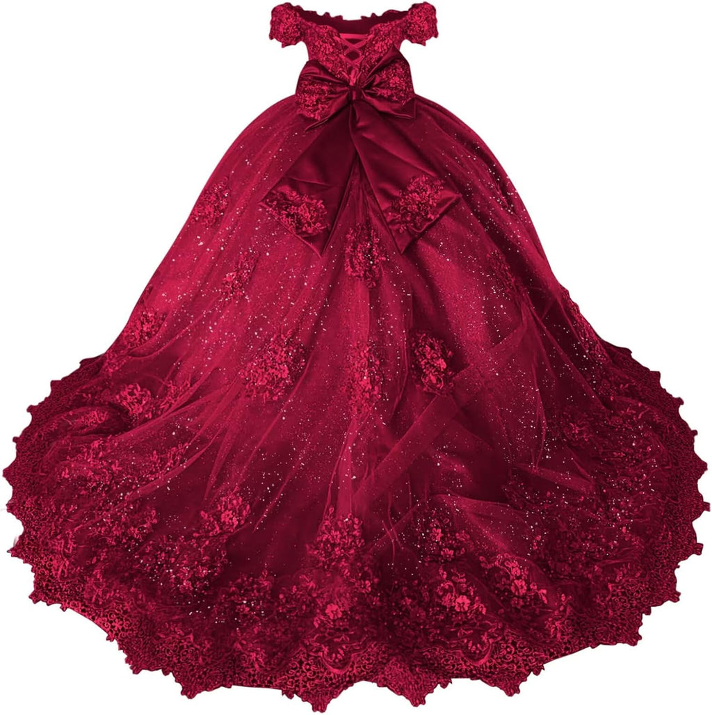 Girls Pageant Dress - Lace Crystal Off Shoulder Ball Gown | AURORE LUXURE
